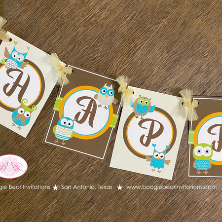 Forest Owls Happy Birthday Banner Party Girl Boy Retro Woodland Birds Rustic Vintage Animals Hoot Fly Boogie Bear Invitations Kayden Theme