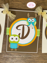 Load image into Gallery viewer, Forest Owls Party Name Banner Birthday Girl Boy Retro Woodland Birds Rustic Vintage Animals Hoot Fly Boogie Bear Invitations Kayden Theme