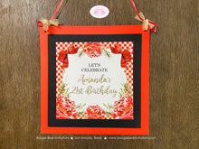 Load image into Gallery viewer, Red Gold BBQ Party Door Banner Birthday Picnic Flower Gingham Flowers Christmas Holiday Winter Peony Boogie Bear Invitations Amanda Theme
