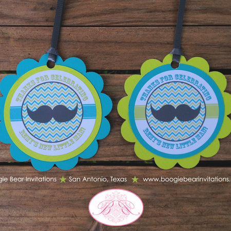 Mustache Bash Baby Shower Favor Tags Boy Happy Circle Little Man Chevron Lime Green Blue Grey Mister Mr Boogie Bear Invitations Remy Theme