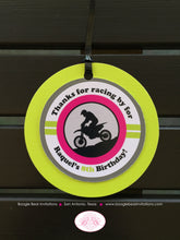 Load image into Gallery viewer, Dirt Bike Birthday Party Favor Tags Girl Pink Lime Grey Black Motocross Enduro Sports Race Motorcycle Boogie Bear Invitations Raquel Theme