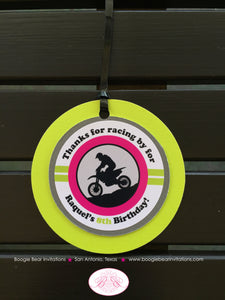 Dirt Bike Birthday Party Favor Tags Girl Pink Lime Grey Black Motocross Enduro Sports Race Motorcycle Boogie Bear Invitations Raquel Theme