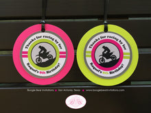 Load image into Gallery viewer, Dirt Bike Birthday Party Favor Tags Girl Pink Lime Grey Black Motocross Enduro Sports Race Motorcycle Boogie Bear Invitations Raquel Theme