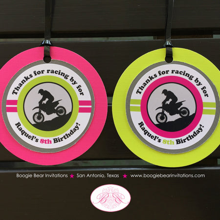 Dirt Bike Birthday Party Favor Tags Girl Pink Lime Grey Black Motocross Enduro Sports Race Motorcycle Boogie Bear Invitations Raquel Theme