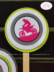 Dirt Bike Birthday Party Cupcake Toppers Set Girl Pink Lime Green Grey Enduro Motocross Motorcycle Race Boogie Bear Invitations Raquel Theme