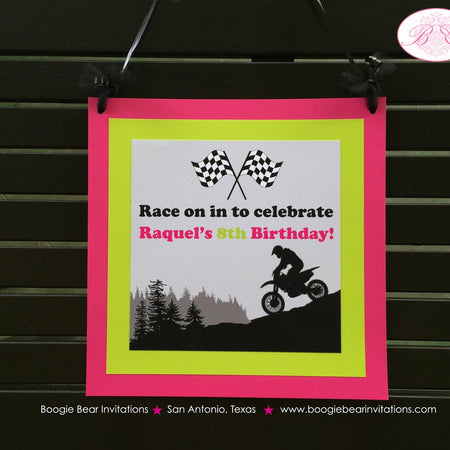Dirt Bike Birthday Party Door Banner Off Road Girl Pink Lime Green Enduro Motocross Motorcycle Race Boogie Bear Invitations Raquel Theme