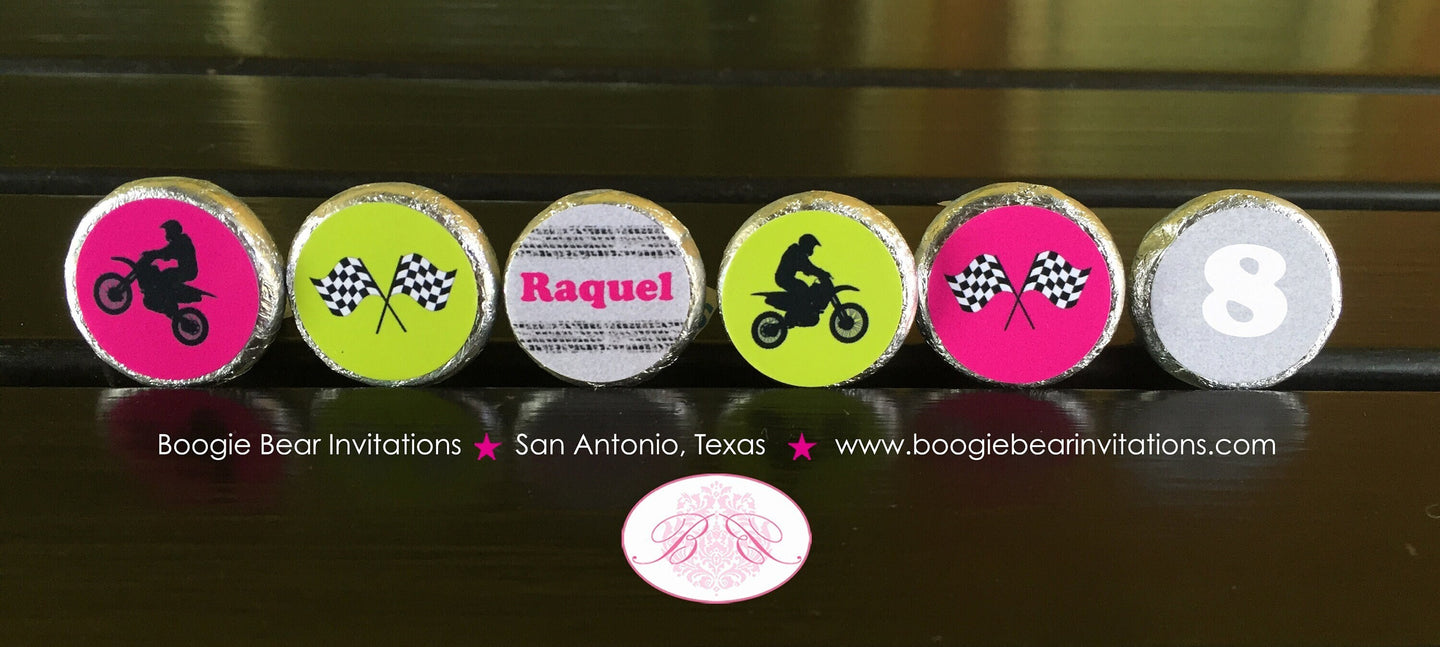 Dirt Bike Circle Candy Sticker Sheet Party Birthday Pink Lime Green Enduro Motocross Motorcycle Race Boogie Bear Invitations Raquel Theme