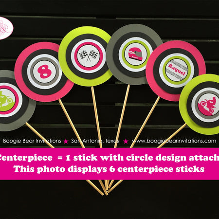 Dirt Bike Birthday Party Centerpiece Sticks Girl Pink Lime Green Enduro Motocross Motorcycle Race Track Boogie Bear Invitations Raquel Theme