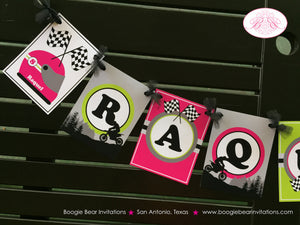 Pink Dirt Bike Birthday Party Package Racing Girl Checkered Flag Black Lime Motocross Enduro Motorcycle Boogie Bear Invitations Raquel Theme