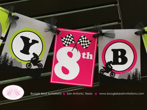 Pink Dirt Bike Birthday Party Package Racing Girl Checkered Flag Black Lime Motocross Enduro Motorcycle Boogie Bear Invitations Raquel Theme