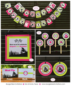 Pink Dirt Bike Birthday Party Package Racing Girl Checkered Flag Black Lime Motocross Enduro Motorcycle Boogie Bear Invitations Raquel Theme