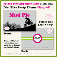 Load image into Gallery viewer, Dirt Bike Birthday Party Favor Card Tent Appetizer Place Pink Lime Green Enduro Motocross Motorcycle Boogie Bear Invitations Raquel Theme