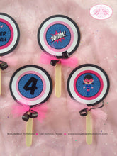 Load image into Gallery viewer, Super Girl Cupcake Toppers Set Birthday Party Superhero Pink Blue Black Comic Hero Supergirl Pow Boom Boogie Bear Invitations Dinah Theme