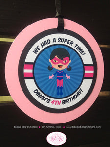 Super Girl Birthday Party Favor Tags Superhero SuperGirl Hero Pink Blue Black Comic Hero Supergirl Boom Boogie Bear Invitations Dinah Theme