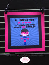 Load image into Gallery viewer, Super Girl Birthday Party Package Superhero Pink Blue Black Comic Hero Supergirl Pow Boom Retro Skyline Boogie Bear Invitations Dinah Theme