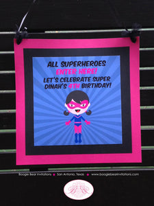 Super Girl Birthday Party Package Superhero Pink Blue Black Comic Hero Supergirl Pow Boom Retro Skyline Boogie Bear Invitations Dinah Theme