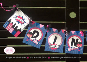 Super Girl Birthday Party Package Superhero Pink Blue Black Comic Hero Supergirl Pow Boom Retro Skyline Boogie Bear Invitations Dinah Theme