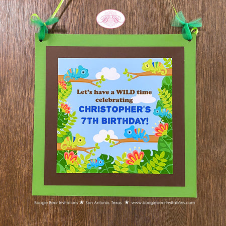 Chameleon Birthday Party Door Banner oy Girl Rain Forest Green Jungle Amazon Rainforest Wild Reptile Zoo Boogie Bear Invitations Chris Theme