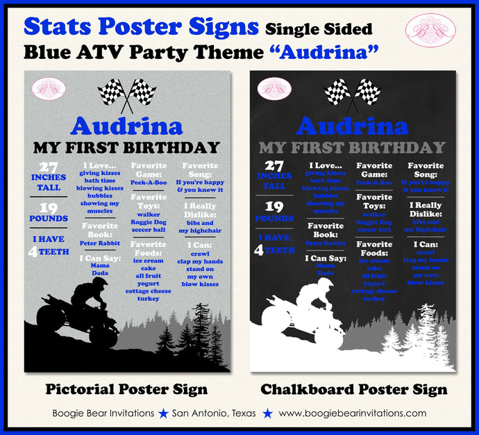 Blue ATV Birthday Party Sign Stats Poster Flat Frameable Black Chalkboard Milestone Girl Boy 1st First Boogie Bear Invitations Audrina Theme
