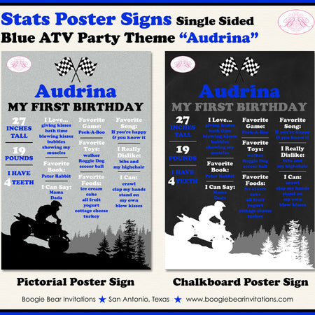 Blue ATV Birthday Party Sign Stats Poster Flat Frameable Black Chalkboard Milestone Girl Boy 1st First Boogie Bear Invitations Audrina Theme
