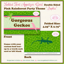 Load image into Gallery viewer, Pink Rain Forest Birthday Party Favor Card Appetizer Place Food Folded Tent Reptile Jungle Zoo Boogie Bear Invitations Sophia Theme Printed