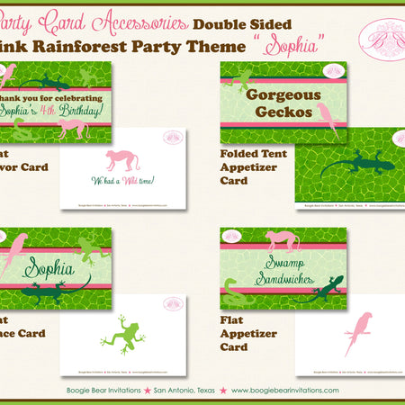 Pink Rain Forest Birthday Party Favor Card Appetizer Place Food Folded Tent Reptile Jungle Zoo Boogie Bear Invitations Sophia Theme Printed