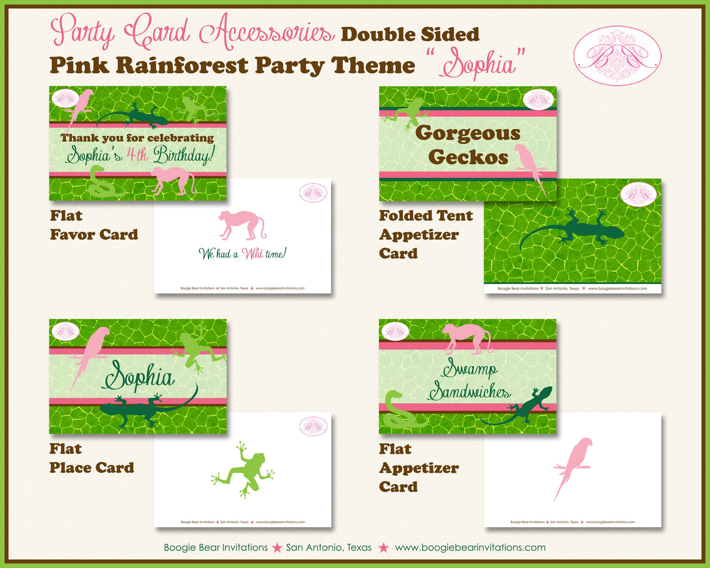 Pink Rain Forest Birthday Party Favor Card Appetizer Place Food Folded Tent Reptile Jungle Zoo Boogie Bear Invitations Sophia Theme Printed