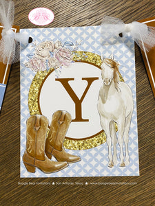 Country Horse Happy Birthday Banner Hat Boots Rustic Girl Ranch Rider Blue Brown Vintage Flowers Farm Boogie Bear Invitations Savannah Theme