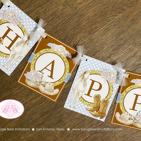 Country Horse Happy Birthday Banner Hat Boots Rustic Girl Ranch Rider Blue Brown Vintage Flowers Farm Boogie Bear Invitations Savannah Theme