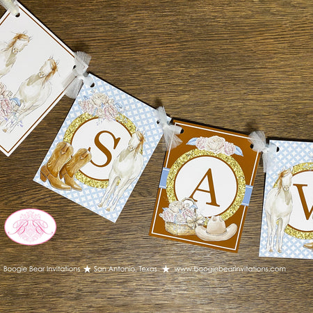 Country Horse Party Name Banner Birthday Hat Boots Rustic Girl Ranch Blue Brown Vintage Flowers Farm Boogie Bear Invitations Savannah Theme