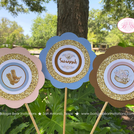 Country Horse Birthday Party Centerpiece Sticks Hat Boots Rustic Girl Blue Brown Vintage Flowers Farm Boogie Bear Invitations Savannah Theme