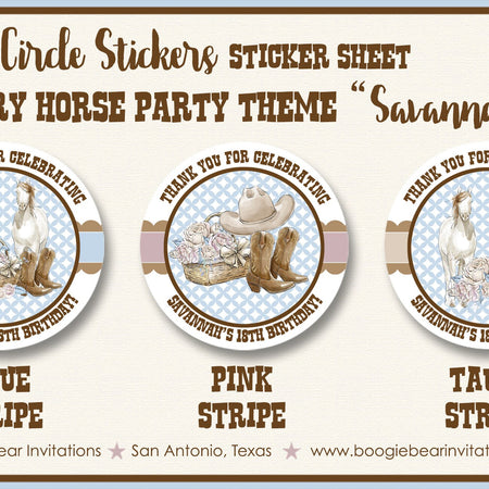 Country Horse Birthday Party Stickers Circle Sheet Round Hat Boots Rustic Girl Blue Vintage Flowers Boogie Bear Invitations Savannah Theme