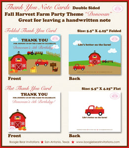 Fall Farm Birthday Party Thank You Card Girl Boy Red Barn Truck Country Pumpkin Autumn Harvest Boogie Bear Invitations Donovan Theme Printed