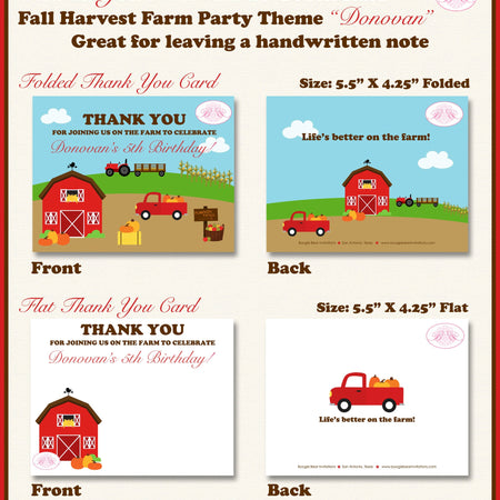 Fall Farm Birthday Party Thank You Card Girl Boy Red Barn Truck Country Pumpkin Autumn Harvest Boogie Bear Invitations Donovan Theme Printed