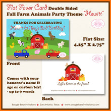 Load image into Gallery viewer, Fall Farm Animals Birthday Favor Party Card Tent Place Sign Pumpkin Barn Truck Tractor Harvest Boogie Bear Invitations Hewitt Theme Printed