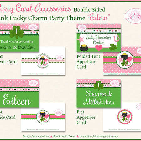 Pink Lucky Charm Birthday Favor Party Card Appetizer Tent Place Food Tag St. Patrick's Day Shamrock Boogie Bear Invitations Eileen Theme
