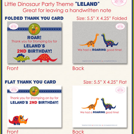 Little Dinosaur Birthday Party Thank You Card Boy Girl Blue Red Green Orange Yellow Jurassic Boogie Bear Invitations Leland Theme Printed