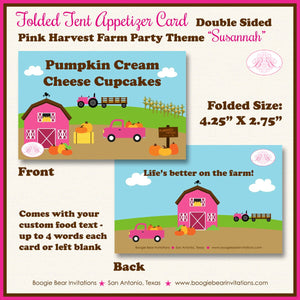 Pink Farm Birthday Favor Party Card Tent Appetizer Place Girl Fall Barn Pumpkin Truck Tractor Boogie Bear Invitations Susannah Theme Printed