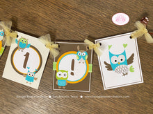 Load image into Gallery viewer, Forest Owls Highchair I am 1 Banner Birthday Party Girl Boy Retro Woodland Birds Rustic Vintage Animals Boogie Bear Invitations Kayden Theme