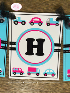 Pink Cars Trucks Birthday Party Banner Happy Honk Beep Vehicles Stoplight Girl Travel Blue Black White Boogie Bear Invitations Sally Theme