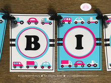 Load image into Gallery viewer, Pink Cars Trucks Birthday Party Banner Happy Honk Beep Vehicles Stoplight Girl Travel Blue Black White Boogie Bear Invitations Sally Theme