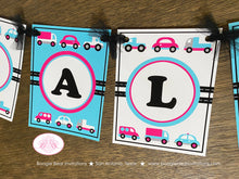 Load image into Gallery viewer, Pink Cars Trucks Birthday Party Banner Name Girl Blue Black Road Trip Traffic Street Stop Light Travel Boogie Bear Invitations Sally Theme