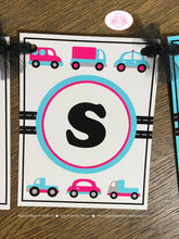 Load image into Gallery viewer, Pink Cars Trucks Birthday Party Banner Name Girl Blue Black Road Trip Traffic Street Stop Light Travel Boogie Bear Invitations Sally Theme