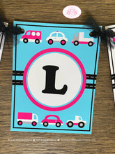 Load image into Gallery viewer, Pink Cars Trucks Birthday Party Banner Name Girl Blue Black Road Trip Traffic Street Stop Light Travel Boogie Bear Invitations Sally Theme