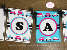 Load image into Gallery viewer, Pink Cars Trucks Birthday Party Banner Name Girl Blue Black Road Trip Traffic Street Stop Light Travel Boogie Bear Invitations Sally Theme