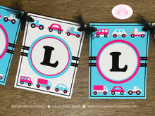 Load image into Gallery viewer, Pink Cars Trucks Birthday Party Banner Name Girl Blue Black Road Trip Traffic Street Stop Light Travel Boogie Bear Invitations Sally Theme