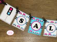 Load image into Gallery viewer, Pink Cars Trucks Birthday Party Banner Name Girl Blue Black Road Trip Traffic Street Stop Light Travel Boogie Bear Invitations Sally Theme