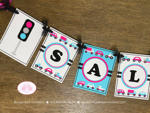 Pink Cars Trucks Birthday Party Banner Name Girl Blue Black Road Trip Traffic Street Stop Light Travel Boogie Bear Invitations Sally Theme