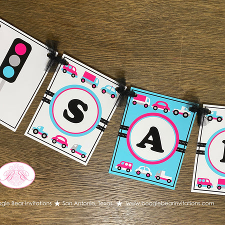 Pink Cars Trucks Birthday Party Banner Name Girl Blue Black Road Trip Traffic Street Stop Light Travel Boogie Bear Invitations Sally Theme