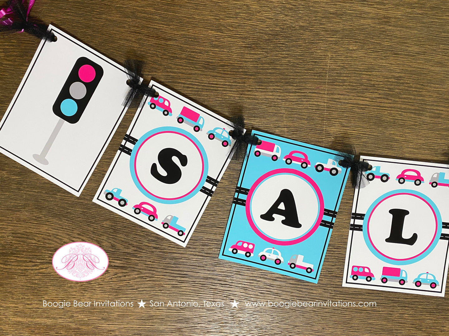 Pink Cars Trucks Birthday Party Banner Name Girl Blue Black Road Trip Traffic Street Stop Light Travel Boogie Bear Invitations Sally Theme